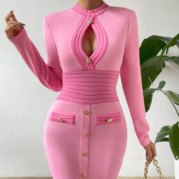 Pink Preppy womens Cut Out Button Detail Bodycon Dress - Picture 4 of 5